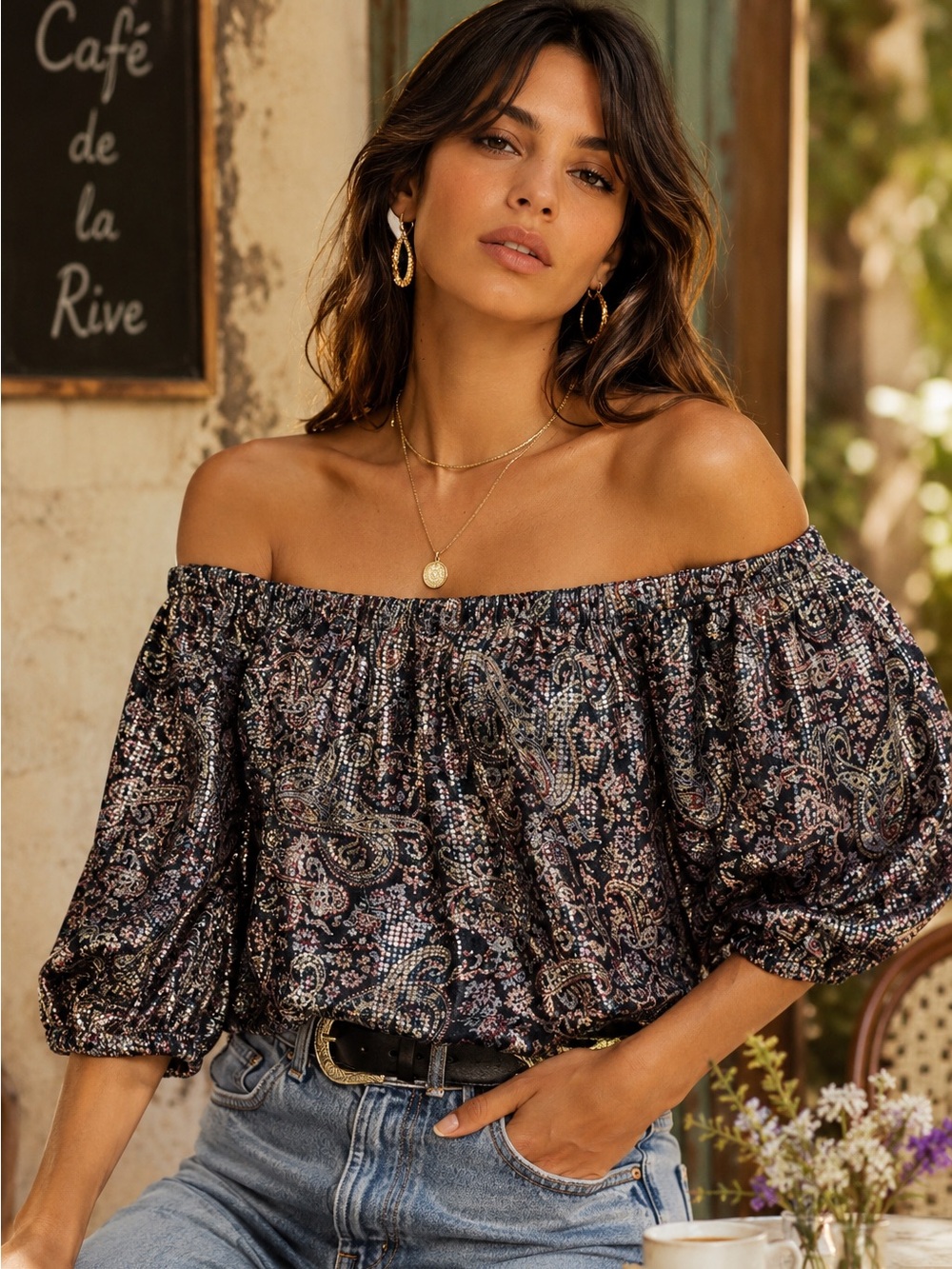 ba&sh Gustave Off Shoulder Paisley Blouse Sz Small Noir Metallic Boho Top